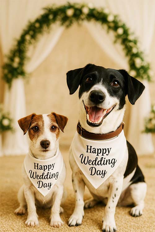 Two terriers wearing 'Happy Wedding Day' bandanas