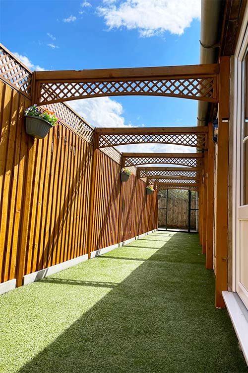 Outdoor walkway to kennels with pretty diamond trellis curved beams overhead and wall baskets with flowers against a bright blue sky